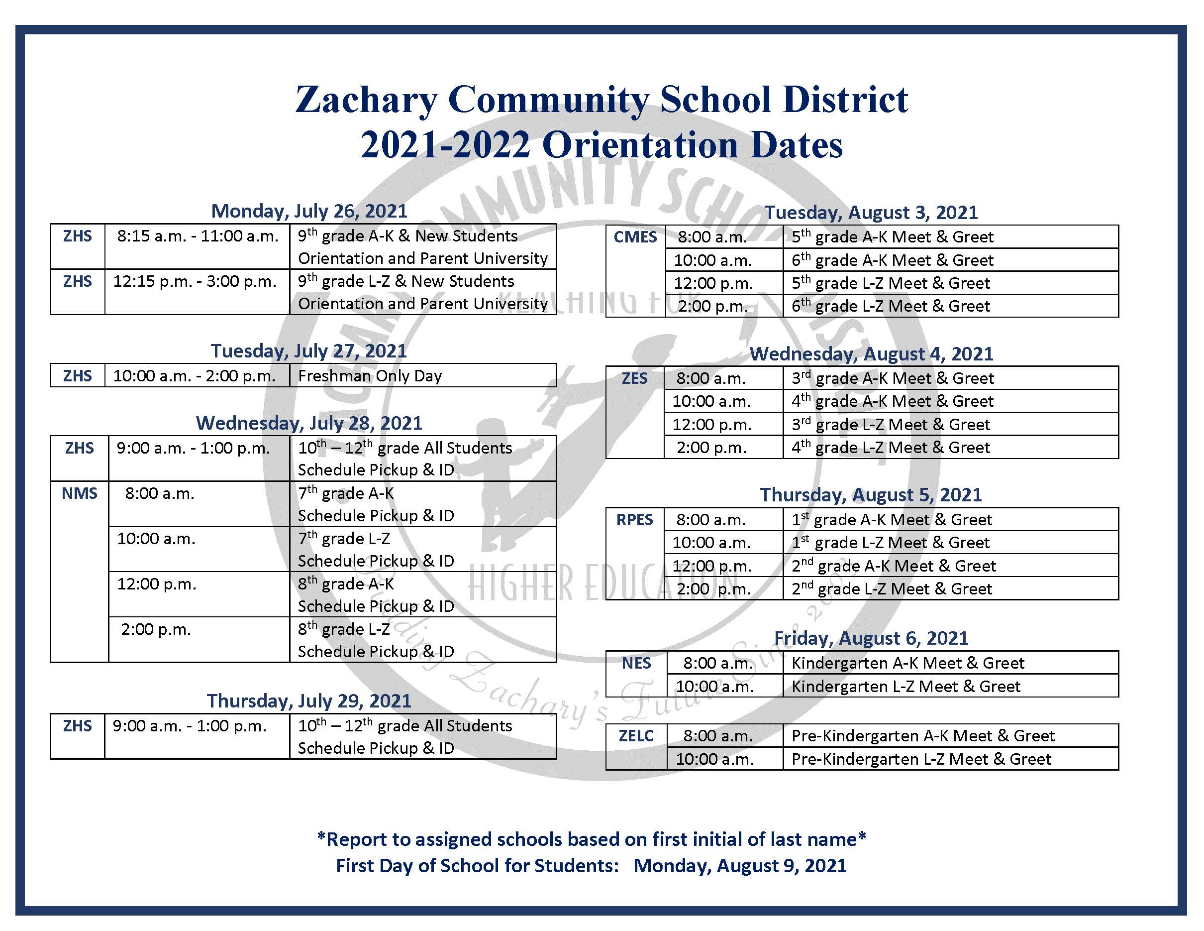 2021/2022 Orientation Dates Zachary Community School District