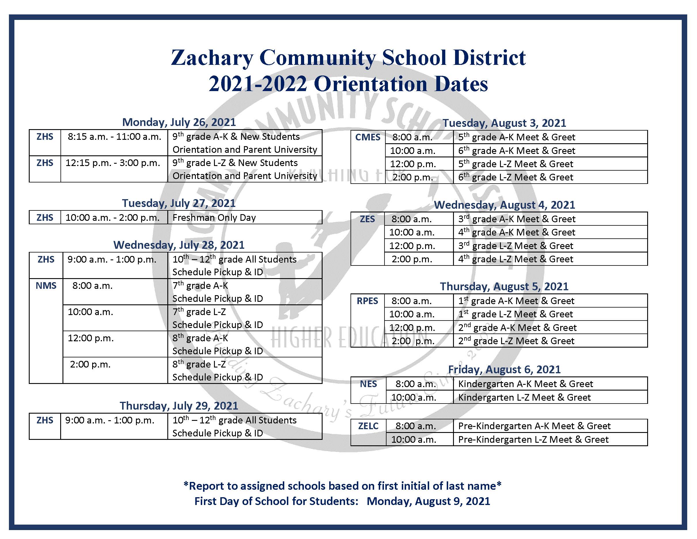 2021 2022 Orientation Dates Zachary Community School District