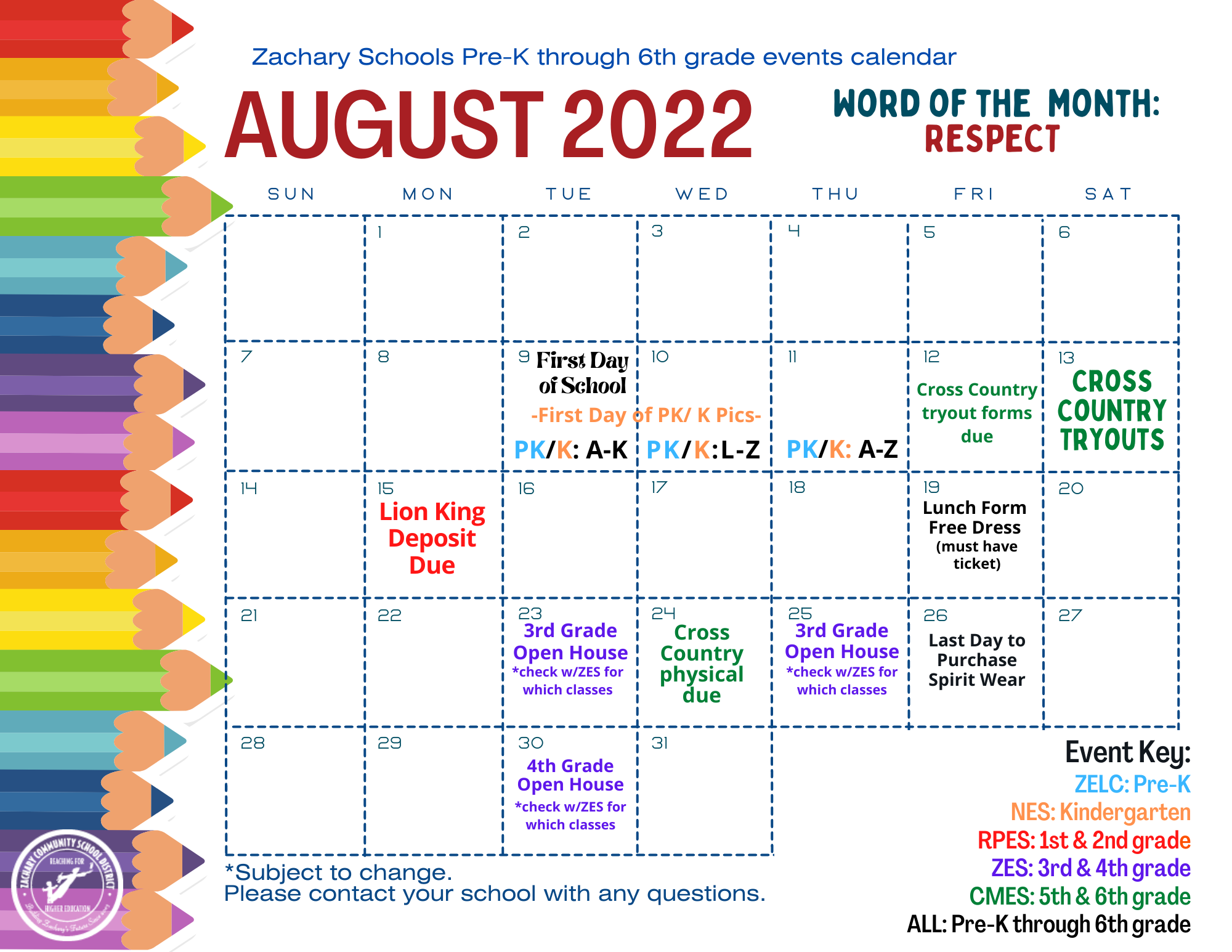PreK through 6th grade activities calendar! Zachary Community School