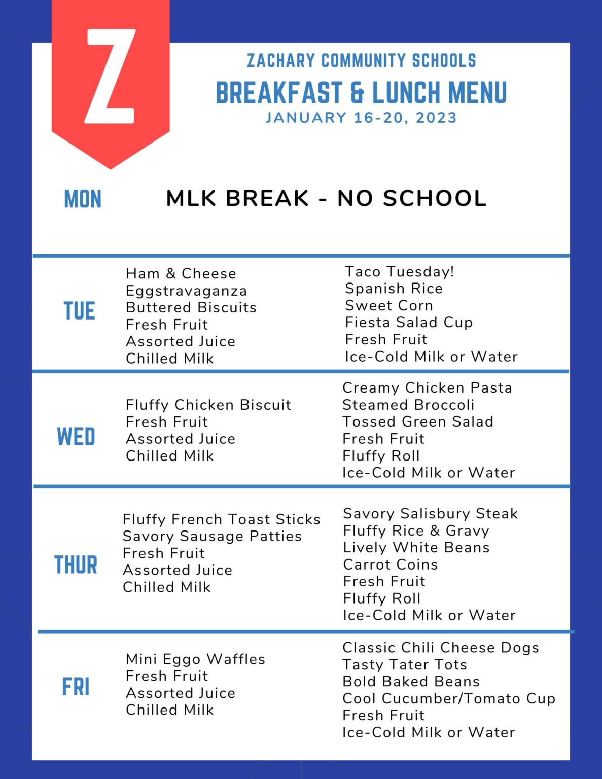 Menus Zachary Community School District
