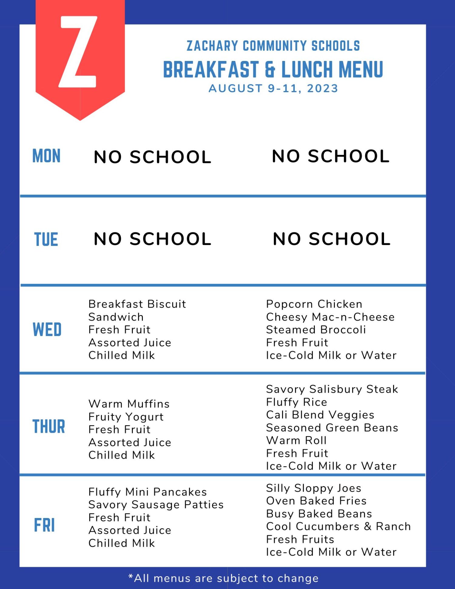 Menus Zachary Community School District