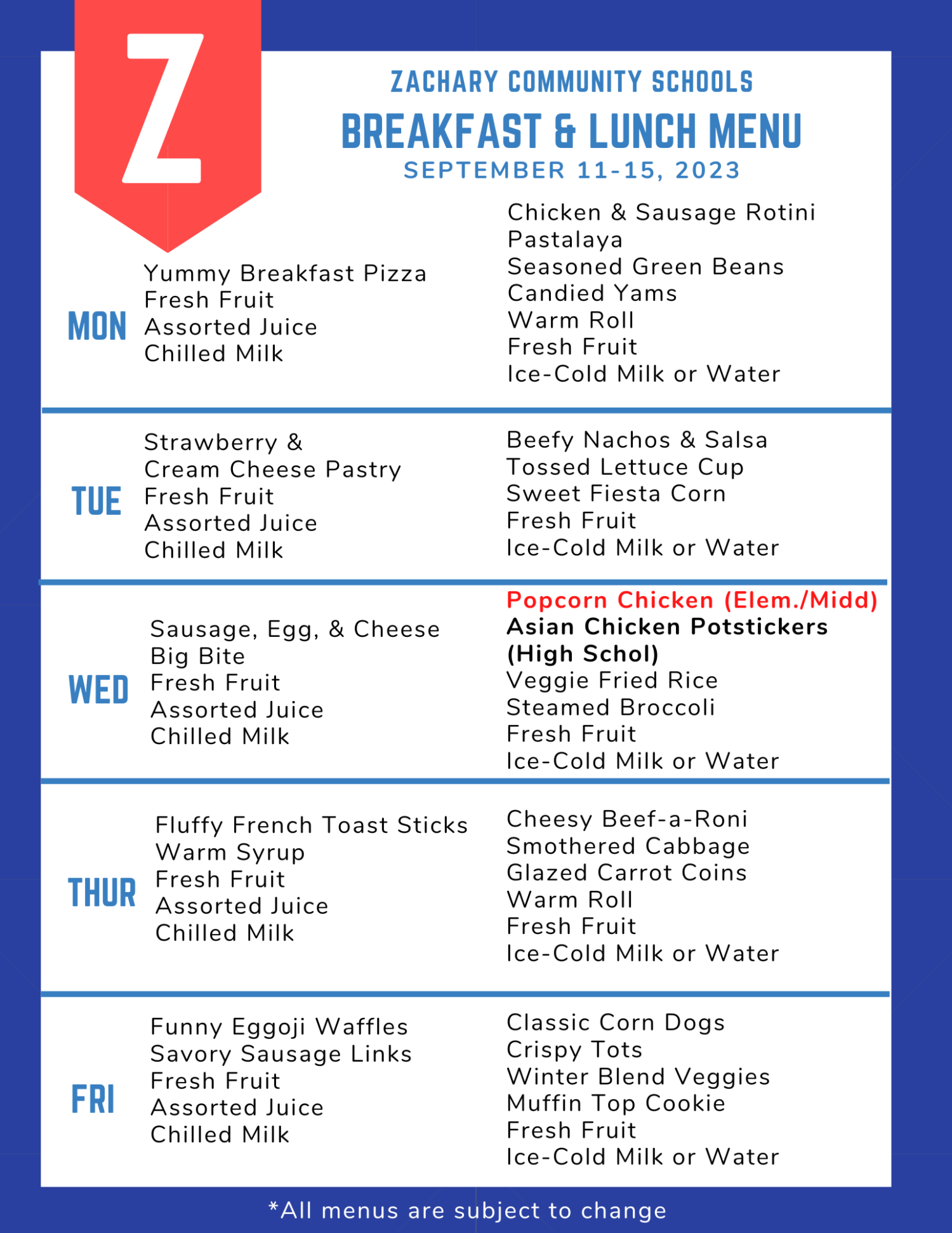 Menus – Zachary Community School District