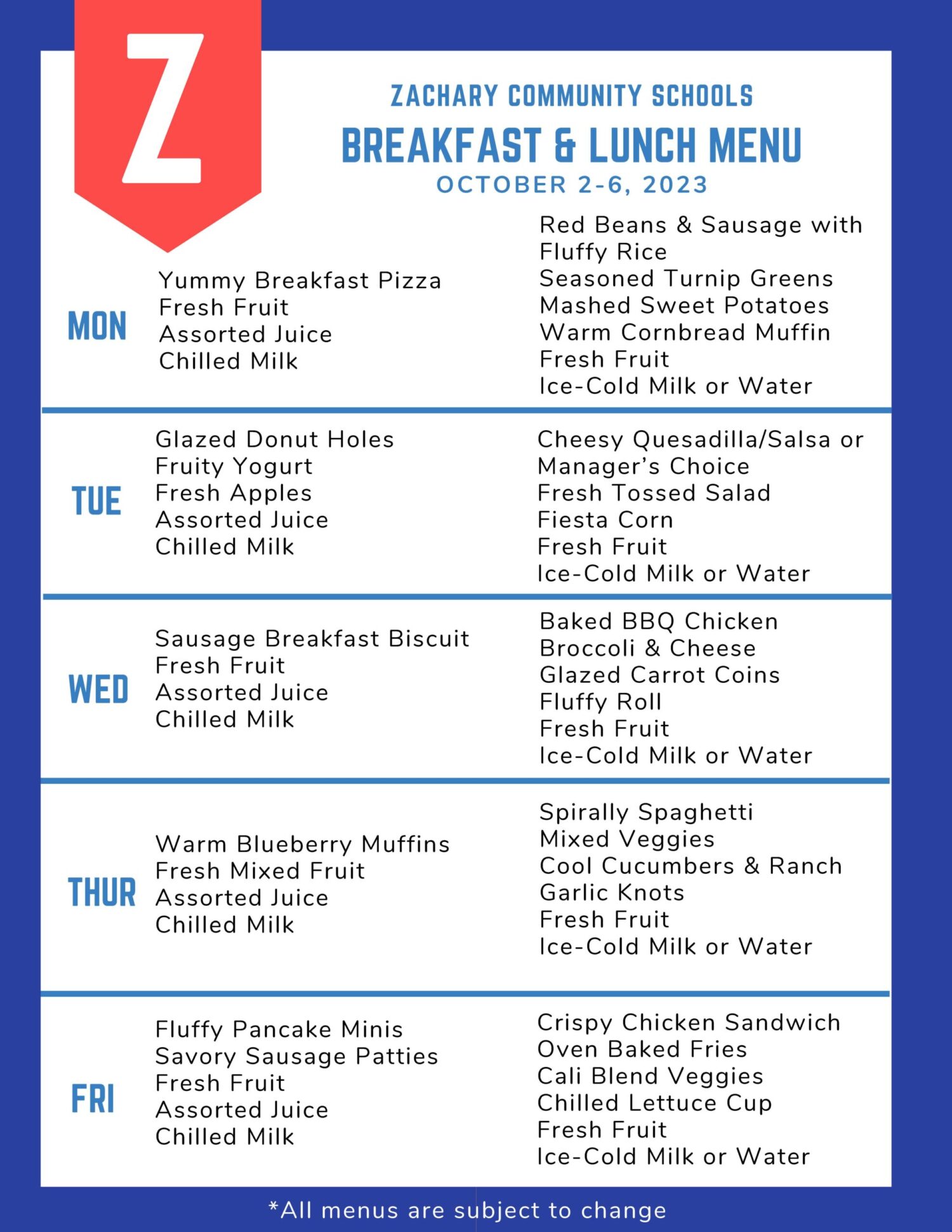Menus Zachary Community School District