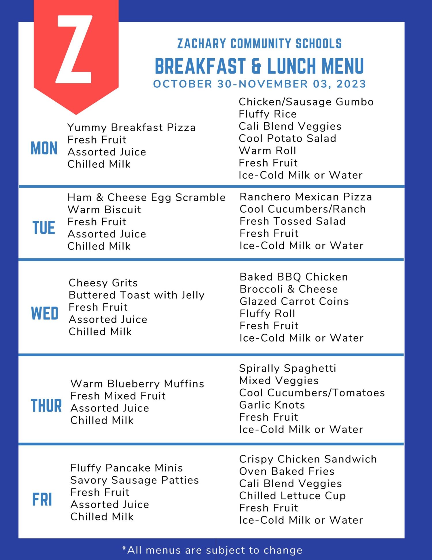 Menus Zachary Community School District