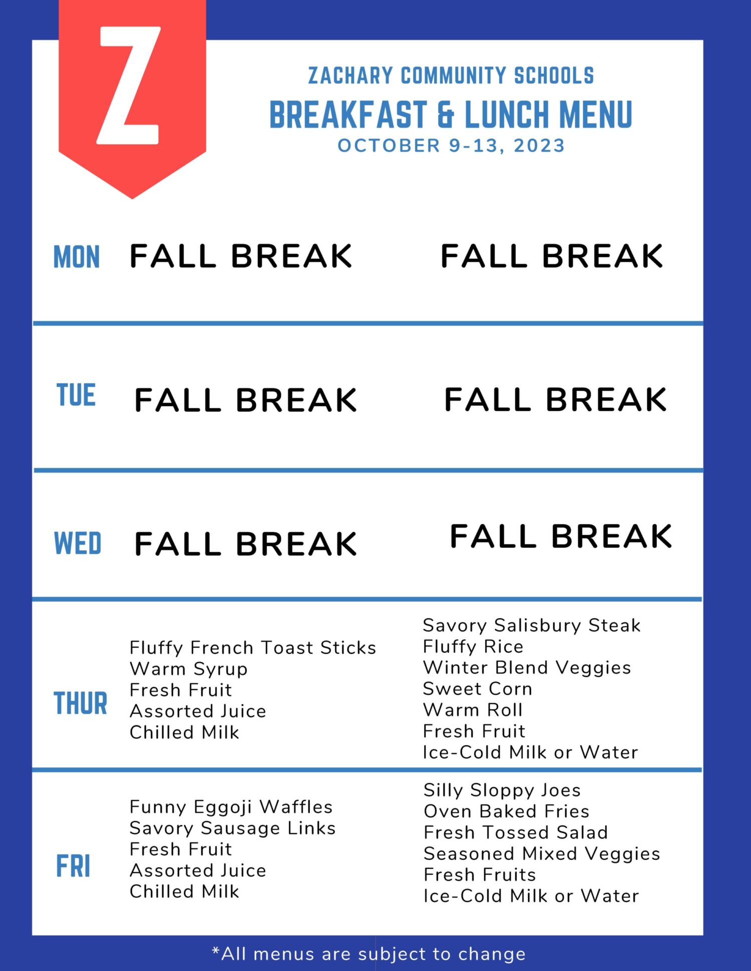 Menus – Zachary Community School District