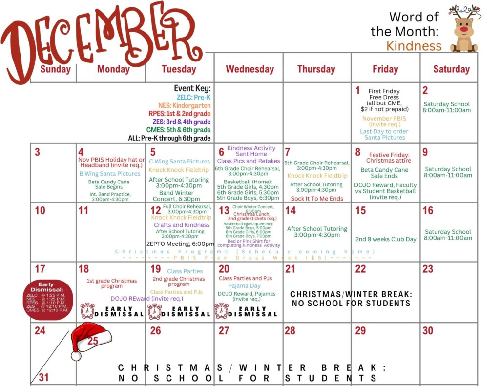 December 2023 PreK through 6th grade events calendar Zachary