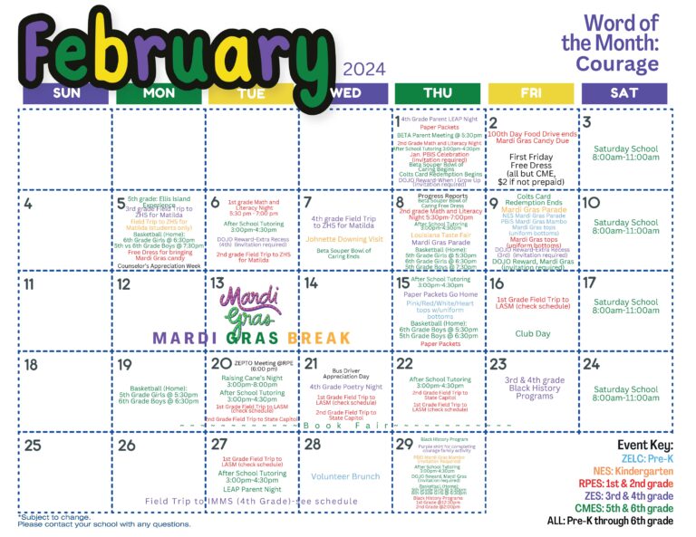 February 2024 Pre-K through 6th grade events calendar – Zachary Community  School District