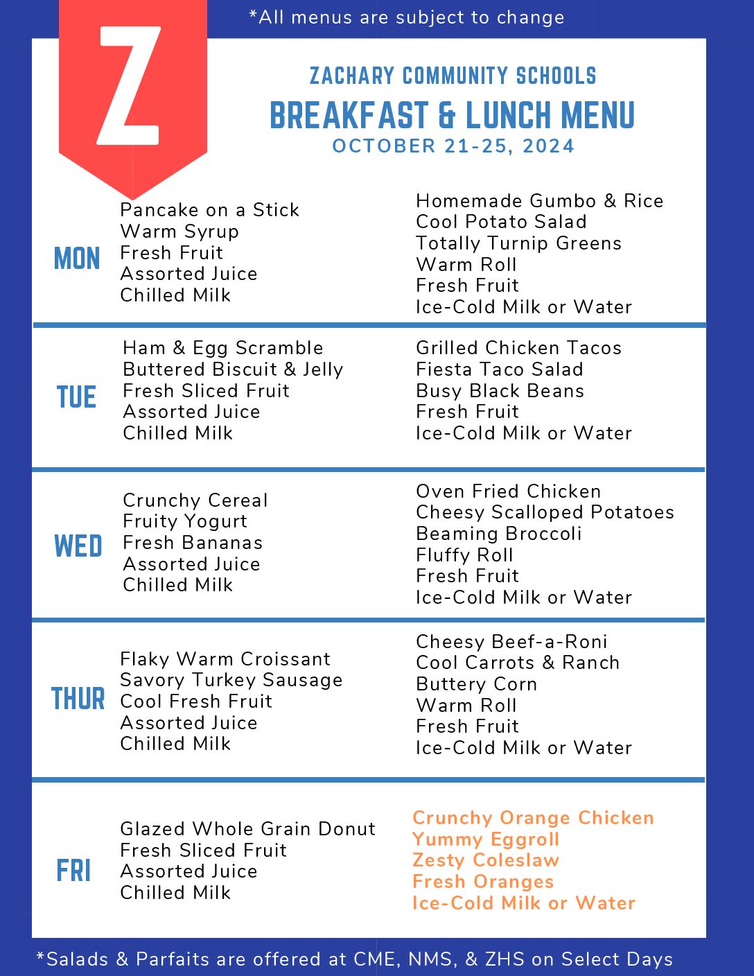 Menus Zachary Community School District