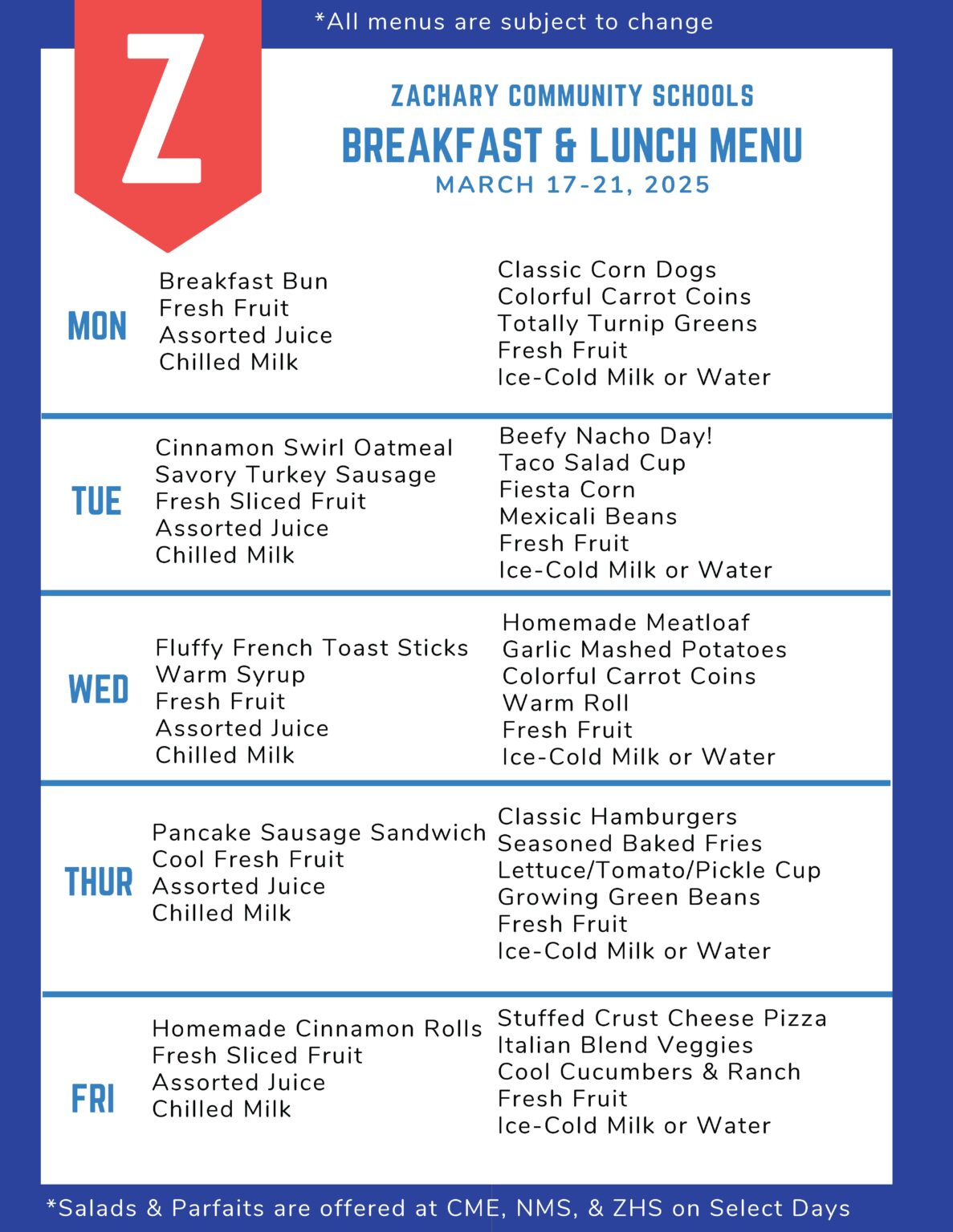 Menus Zachary Community School District